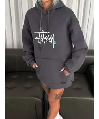 Üç İplik Kapşonlu Baskılı weathirt  Füme