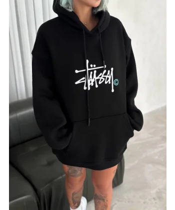 Üç İplik Kapşonlu Baskılı weathirt  iyah