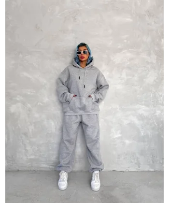 Üç İplik Kapşonlu Eşofman Takım  Gri