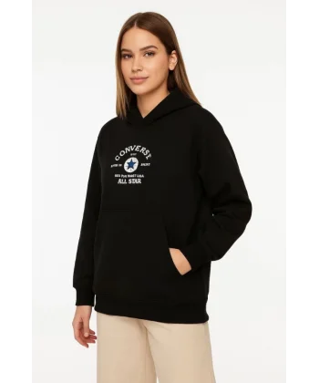 Üç İplik Kapşonlu ön Ve Arka Baskılı SweatShirt Hoodie- Siyah