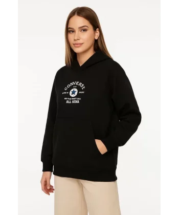 Kadın Kapşonlu Sweatshirt – Üç İplik Şardonlu Kumaş, Oversize Fit, Ön & Arka Baskılı, Kanguru Cepli, Kışlık Rahat Hoodie- Siyah