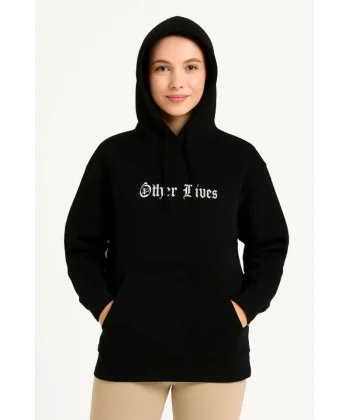 Üç İplik Kapşonlu ön Ve Arka Baskılı SweatShirt Hoodie- Siyah