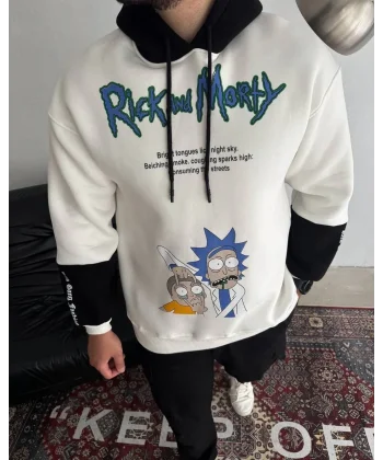 Üç İplik Kapşonlu Parçalı Baskılı SweatShirt - Beyaz