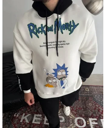Üç İplik Kapşonlu Parçalı Baskılı SweatShirt - Beyaz
