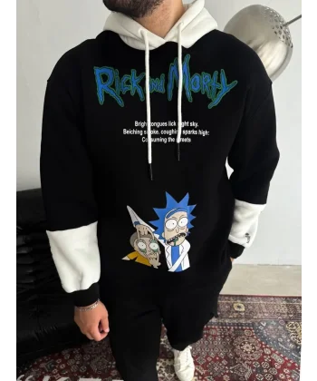 Üç İplik Kapşonlu Parçalı Baskılı SweatShirt - Siyah