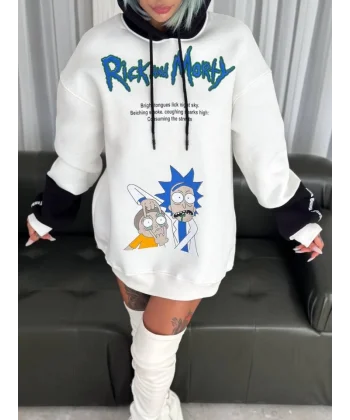 Üç İplik Kapşonlu Parçalı Baskılı weathirt  Beyaz