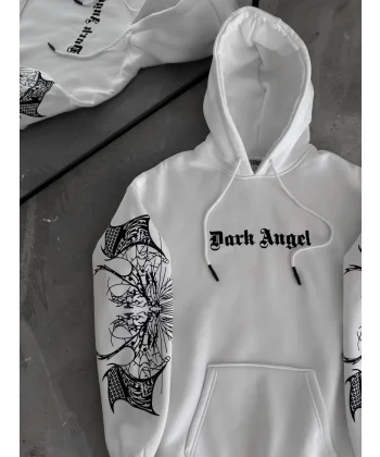 Üç İplik Kapüşonlu Baskılı Oversize SweatShirt- Beyaz