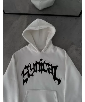 Üç İplik Kapüşonlu Baskılı Oversize SweatShirt- Beyaz