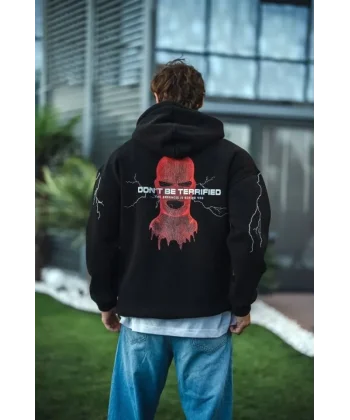 Üç İplik Kapüşonlu Baskılı Oversize SweatShirt- Siyah