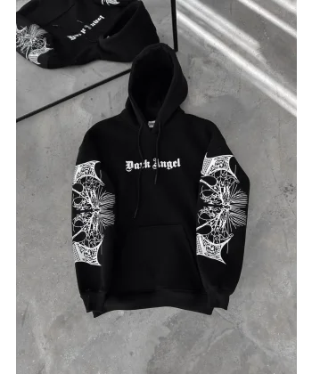 Üç İplik Kapüşonlu Baskılı Oversize SweatShirt- Siyah