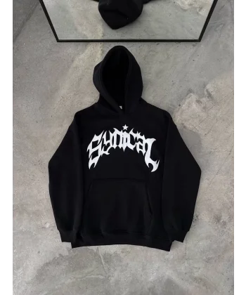 Üç İplik Kapüşonlu Baskılı Oversize SweatShirt- Siyah