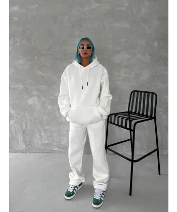 Üç İplik Kapüşonlu Eşofman Takım - Beyaz