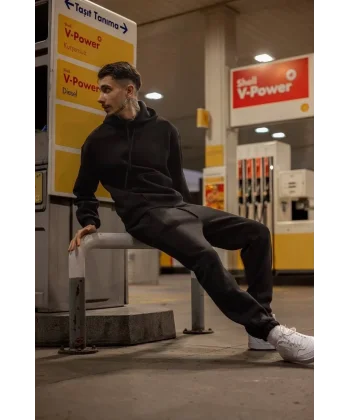 Üç İplik Kapüşonlu Eşofman Takım - Siyah