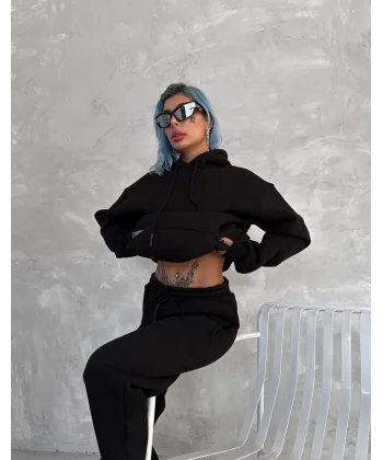 Üç İplik Kapüşonlu Eşofman Takım - Siyah