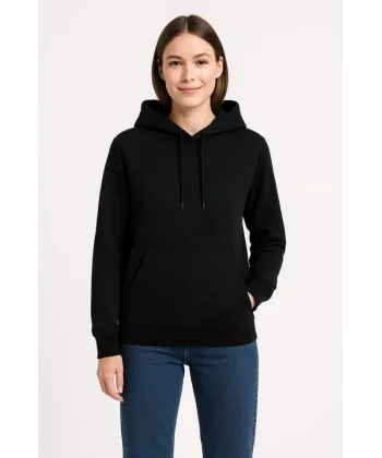 Üç İplik Kapüşonlu Kanguru Çepli SweatShirt Hoodie - Siyah