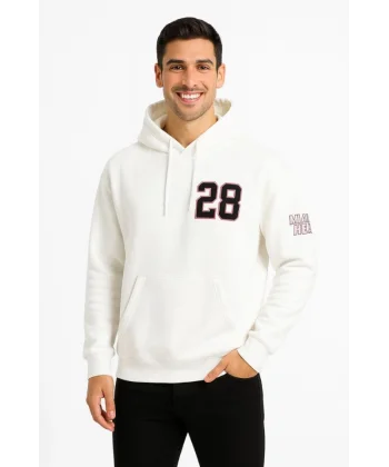 Üç İplik Kapüşonlu Ön Ve Arka Baskılı SweatShirt Hoodie - Beyaz
