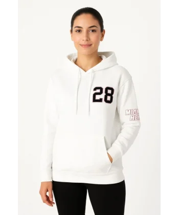 Üç İplik Kapüşonlu Ön Ve Arka Baskılı SweatShirt Hoodie - Beyaz