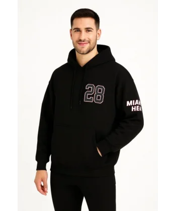 Üç İplik Kapüşonlu Ön Ve Arka Baskılı SweatShirt Hoodie - Siyah