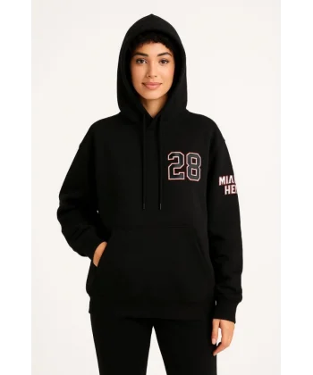 Üç İplik Kapüşonlu Ön Ve Arka Baskılı SweatShirt Hoodie - Siyah