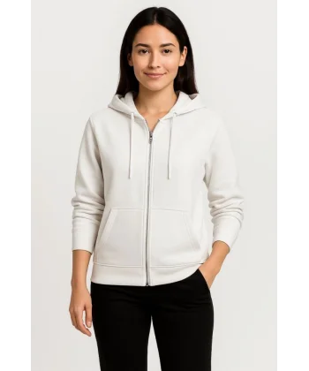 Üç İplik Kapüşonlu Tam Fermuarlı Kanguru Çepli SweatShirt Hoodie - Beyaz