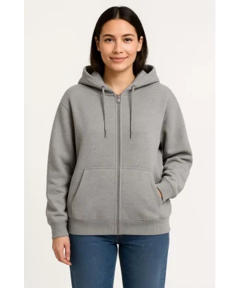 Üç İplik Kapüşonlu Tam Fermuarlı Kanguru Çepli SweatShirt Hoodie - Gri