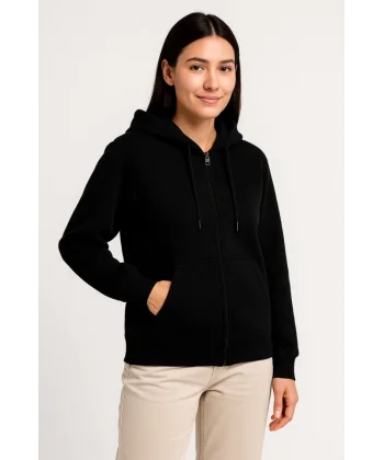 Üç İplik Kapüşonlu Tam Fermuarlı Kanguru Çepli SweatShirt Hoodie - Siyah