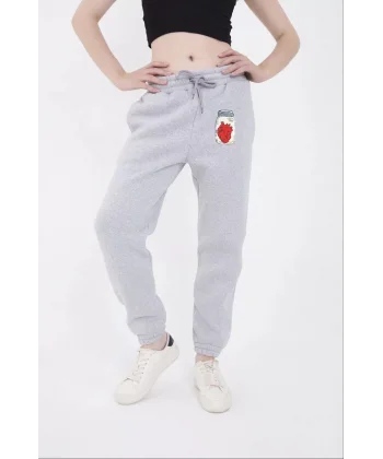 Üç İplik Lastikli Baskılı Eşofman Pantolon - Gri