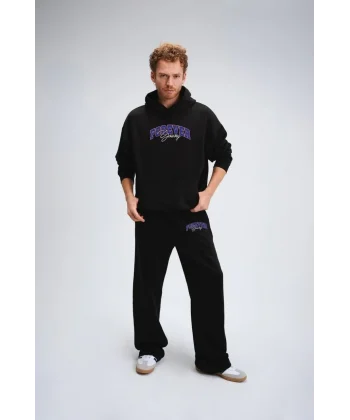 Üç İplik Oversize Kapüşonlu Boru Paça Baskılı Eşofman Takım - Siyah