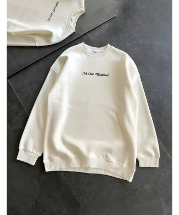 Üç İplik Penye Bisiklet Yaka Baskılı SweatShirt - Beyaz