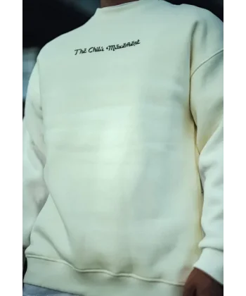 Üç İplik Penye Bisiklet Yaka Oversize Baskılı SweatShirt - Beyaz