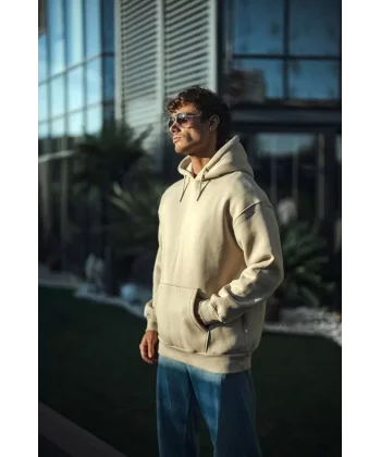 Üç İplik Penye Kapşonlu Basic SweatShirt - Bej