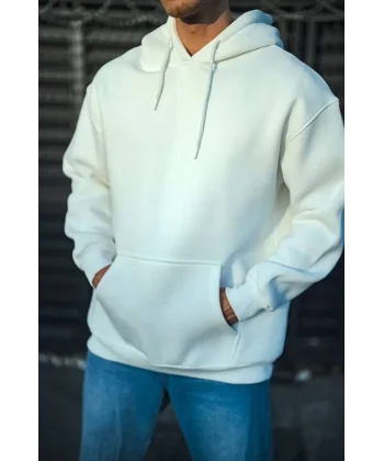 Üç İplik Penye Kapşonlu Basic SweatShirt - Beyaz