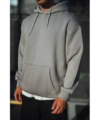 Üç İplik Penye Kapşonlu Basic SweatShirt - Boyalı Gri