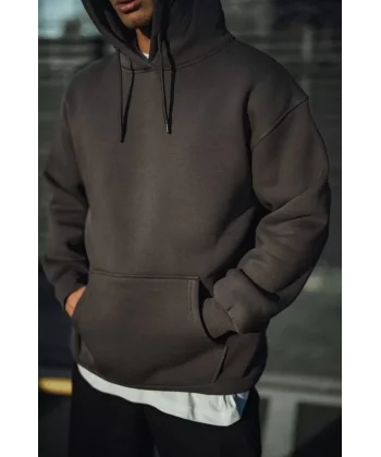 Üç İplik Penye Kapşonlu Basic SweatShirt - Füme