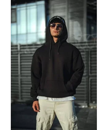 Üç İplik Penye Kapşonlu Basic SweatShirt - Siyah