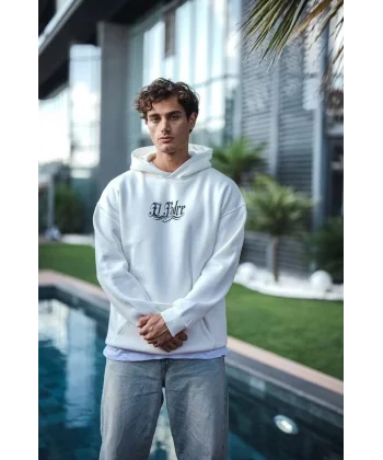 Üç İplik Penye Kapşonlu Baskılı SweatShirt - Beyaz