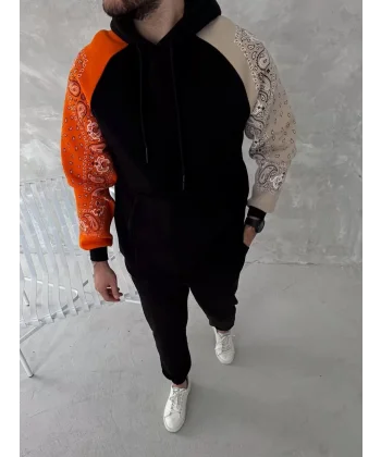 Üç İplik Penye Kapşonlu Parçalı SweatShirt - Siyah