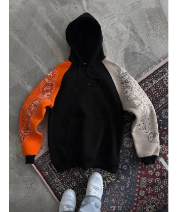 Üç İplik Penye Kapşonlu Parçalı weathirt  iyah