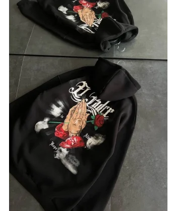 Üç İplik Penye Uzun Kol Kapşonlu Baskılı weathirt  iyah