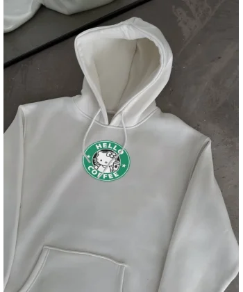 Üç İplik Penye Uzun Kol Kapşonlu weathirt  Beyaz