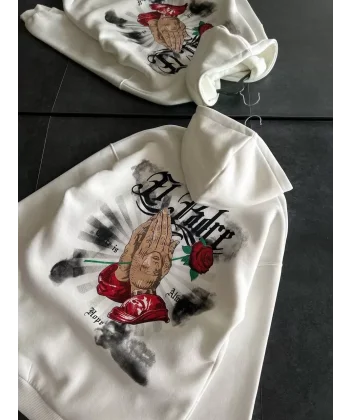 Üç İplik Penye Uzun Kol Kapüşonlu Baskılı SweatShirt - Beyaz