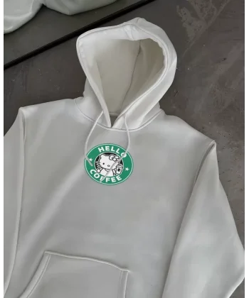 Üç İplik Penye Uzun Kol Kapüşonlu SweatShirt - Beyaz