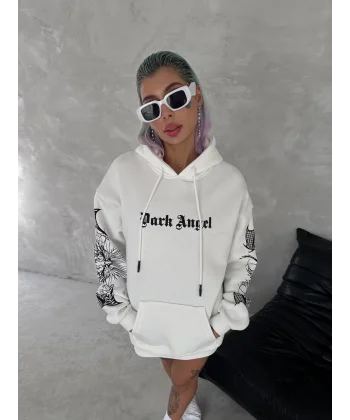 Üç İplik Uzun Kol Kapüşonlu Baskılı SweatShirt - Beyaz