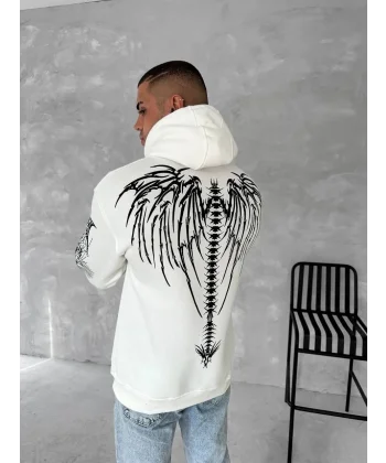 Üç İplik Uzun Kol Kapüşonlu Baskılı SweatShirt - Beyaz