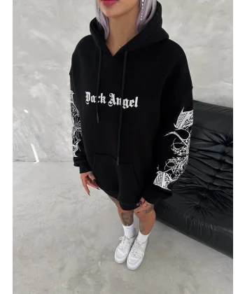 Üç İplik Uzun Kol Kapüşonlu Baskılı SweatShirt - Siyah