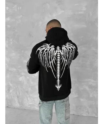 Üç İplik Uzun Kol Kapüşonlu Baskılı SweatShirt - Siyah