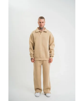 Üç İplik Uzun Kol Yakalı Eşofman Takım - Bej