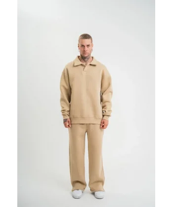 Üç İplik Uzun Kol Yakalı Eşofman Takım - Bej