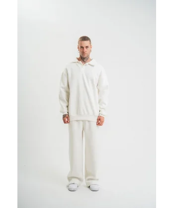 Üç İplik Uzun Kol Yakalı Eşofman Takım - Beyaz