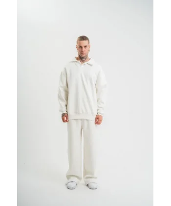 Üç İplik Uzun Kol Yakalı Eşofman Takım - Beyaz